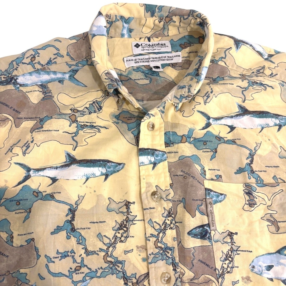 Columbia Yellow Everglades Fish Map Button Up Shirt Mens L Florida Short Sleeve